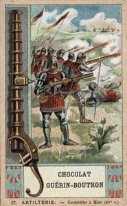 十五世纪的骑士操纵着一个手摇篮。19世纪的Guérin-Boutron巧克力的彩色石版画。 作者 法语学校