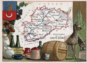La Haute-Saone（Haute Saone，70），Franche Comte（弗朗什-孔特），法国。面粉、Luxeuil Minerales、kirschwasser（基尔希）。关于法国各省的系列。彩色石版画（Chromo）"地理线"，约1920年。私人收藏。 作者 法语学校