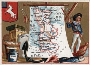 法国下诺曼底（Basse-Normandie）的拉曼什（50）。当地特产：桃子和牡蛎、苹果酒和纸。关于法国各省的系列。彩色石版画（Chromo）"地理线"，约1920年。私人收藏。 作者 法语学校