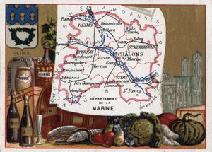 法国阿登香槟区（Champagne-Ardenne）的La Marne（51）。当地特色：香槟和兰斯大教堂。关于法国各省的系列。彩色石版画（Chromo）"地理线"，约1920年。私人收藏。 作者 法语学校