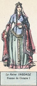 英贡达女王，克洛泰尔一世的妻子（彩色雕刻）。 作者 法语学校