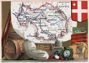 La Savoie (73), Rhone Alpes (Rhone-Alpes), 法国。法国各省系列。当地特产：核桃油、葡萄酒、谷物、Kirschwasser（基尔希酒）、奶酪、 chambery纱布和皮革。彩色石版画（Chromo）"地理线"，约1920年。P 作者 法语学校