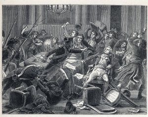 法国大革命期间的La Terreur：马克西米利安-德-罗伯斯庇尔（1758-1794）和他的支持者于9日Thermidor第二年（1794年7月27日）在巴黎维尔酒店团聚时被捕。在中央，一名宪兵用手枪向罗伯斯庇尔（1758-1794）开枪。 作者 法语学校