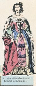 奥地利的安妮女王，路易13的妻子（彩色雕刻）。 作者 法语学校