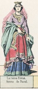 拉乌尔 (Raoul) 的妻子埃姆尼 (Emne) 女王 (彩色版画) 作者 法语学校