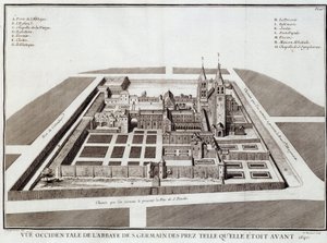 1640 年之前的圣日耳曼修道院 - 在 Dom Jacques Bouillart 编着的“”St Germain des Pres 修道院的历史”中。 杜普伊斯, 巴黎 作者 法语学校