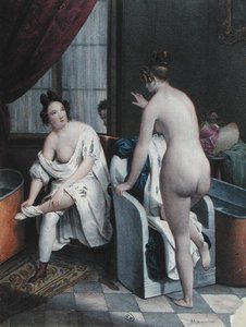 女士们在洗澡，约1840年（彩色平版印刷）。 作者 法语学校