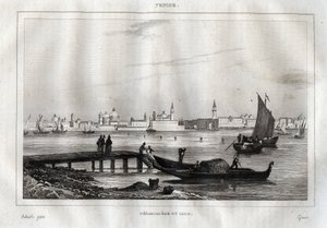 威尼斯丽都的登陆台--来自M. de Norvins, Ch. Nodier 1834-1836的 "意大利风景画 "的雕刻。 作者 法语学校