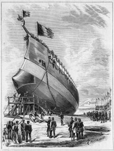 1872年5月7日，"La Galissonniere "号装甲舰在菲尼斯特的布雷斯特港下水（29）。1872年5月25日《世界画报》第789期的版画。 作者 法语学校