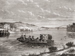 1860 年在美国河流下铺设电报电缆，来自 Les Merveilles de la Science，1870 年出版（版画） 作者 法语学校