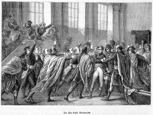 雾月 18 日 8 年：拿破仑在五百美分委员会 (Cinq Cents) (Salle des 500) 的 Saint-Cloud 发动政变 - 在“La France Populaire”中 作者 法语学校
