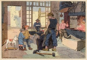 Le Forgeron, The Smith (彩色平版印刷) 作者 法语学校