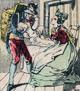 Le Pere Fouettard，法国的鞭打父亲，民间传说中惩罚淘气的孩子并将不听话的孩子围起来的传奇人物，埃皮纳尔图片，19世纪（雕刻）。 作者 法语学校