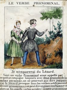 Lecon关于主语动词。载于 "La grammaire en images"，传单专辑，约1850年。 作者 法语学校