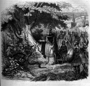 查理曼和蛇的传说：皇帝在蛤蟆占据的蛇巢前。1852年的雕版画。 作者 法语学校