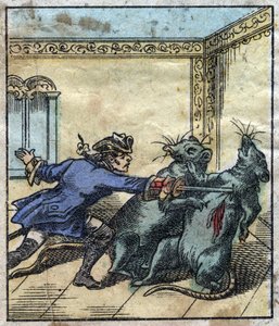 莱缪尔-格列佛在Brobdingnag的巨人之地与老鼠搏斗。乔纳森-斯威夫特（1667-1745）的《格列佛游记》的插图。19世纪末，埃皮纳成像。 作者 法语学校