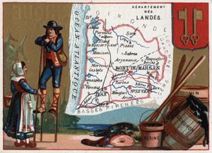 Les Landes (40), Aquitaine, 法国。关于法国各省的系列报道。当地特产：焦油和酒树脂。兰德斯的牧羊人。彩色石版画（Chromo）"地理线"，约1920年。私人收藏。 作者 法语学校