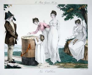 Les Oublies"，板块79来自 "le Bon Genre"，19世纪初（彩色雕刻）。 作者 法语学校