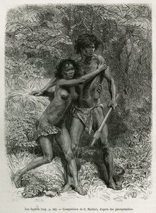 Les fugitives aborigenes, engraving after a drawing by D.Maillart, to illustrate the story six months in Australia, by Desire Charnay, a mission assignment by the Ministry of Public Education, in 1878, published in the tour du monde, under the direction of 作者 法语学校