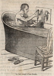 Les gestures du bain - Hygiene au 19th century - man in a bathtub - engraving in “La Sante Universelle - Guide Medical des Familles” 1852 作者 法语学校