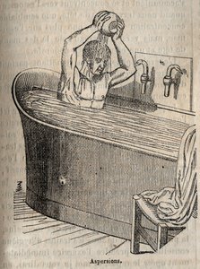 Les gestures du bain - 19世纪的卫生 - 浴缸里的男人 - 雕刻在 "La Sante Universelle - Guide Medical des Familles "1852年。 作者 法语学校