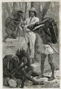 Les porters (caucheros)，在 Darien（巴拿马东部地区），根据 D.Maillart 的一幅画雕刻，以说明巴拿马和 Darien 地峡的探索，A. Reclus，船舶中尉，从 1876 年到 1878 年 , 发表于游杜莫 作者 French School