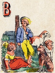 字母B 牧羊人。"Alphabet des jeux "中的雕刻。瓦涅先生，编辑，Pont-a-Mousson，19世纪末。粉红色系列。12页。专辑中包含了简化的阅读方法和图文并茂的abecedary。规格：16,5x11cm 作者 法语学校