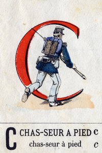 字母C为猎脚。军事字母表（ABC或abecedary）。埃皮纳尔的成像，约1870-1880）。)模板彩色木刻。私人收藏 作者 法语学校