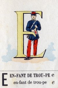 作为部队儿童的字母E。军事字母表.埃皮纳尔的成像，大约在1870-1880年。模板彩色木刻画 作者 法语学校