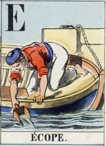 字母 E 作为生态。 海军字母表。 Epinal 图像，19 世纪后期。 模版色木版画 作者 法语学校