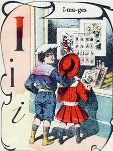 字母 I：图像。 雕刻在“ABC des joux 倒小男孩”。 Pont-a-Mousson 的影像，Louis Vagne，印刷出版商，19 世纪后期。 尺寸：32,5x25 厘米 作者 法语学校
