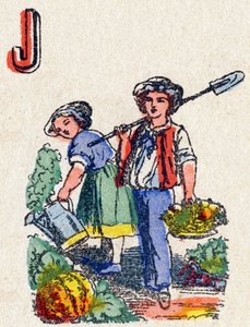 字母J 园艺师。"Alphabet des jeux "中的雕刻。瓦涅先生，编辑，Pont-a-Mousson，19世纪末。粉红色系列。12页。专辑中包含了简化的阅读方法和图文并茂的abecedary。规格：16,5x11cm 作者 法语学校