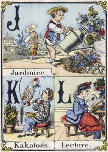 Letter J, K and L: gardener, kakatoes and reading. Recreative alphabet. Epinal imaging. Stencilled wood engravings, circa 1880. Small 16-page booklet 作者 法语学校