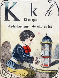 字母 K：巧克力售货亭。 雕刻在“ABC des joux 倒小男孩”。 Pont-a-Mousson 的影像，Louis Vagne，印刷出版商，19 世纪后期。 尺寸：32,5x25 厘米 作者 法语学校