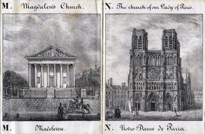 字母M Madeleine和N Notre-Dame de Paris（巴黎圣母院）--"Alphabet Picturesque des Monumens de Paris "约1840年（雕刻）。 作者 法语学校