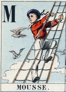 字母 M 作为泡沫。 海军字母表。 Epinal 图像，19 世纪后期。 模版色木版画 作者 法语学校