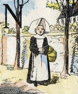 字母M女孩做修女。小女孩的ABC。埃皮纳尔成像 作者 法语学校