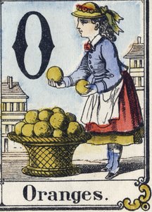字母 O：橙子。 休闲字母表。 脑脊液成像。 模版木版画，约 1880 年。 16 页小册子 作者 法语学校