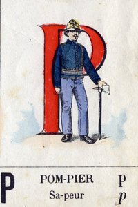 作为消防员的字母P。军事字母表.埃皮纳尔的成像，大约在1870-1880年。模板彩色木刻画 作者 法语学校