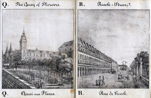 字母 Q 和 A：花码头和里沃利街--"Alphabet Picturesque des Monumens de Paris"，约 1840 年（版画） 作者 法语学校