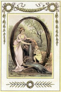 Letter Q representing a mother and her son drinking water from the spring, late 19th century (chromolithograph) 作者 法语学校