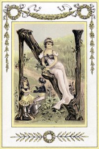 Letter representing a mother and her children dancing, late 19th century (chromolithograph) 作者 法语学校