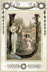 Letter representing a mother playing lyre and her daughter dancing with timpani, late 19th century (chromolithograph) 作者 法语学校