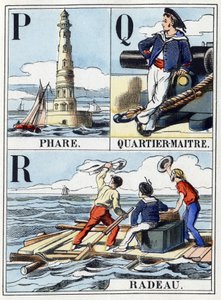 字母 P 为灯塔，字母 Q 为 Quartier Maitre，字母 R 为 Raft。 Navy abecedary 16 页，其中包含一个大写字母。 Epinal 图像，19 世纪后期。 模版木版画 暗：21x14,5cm 作者 法语学校