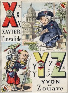 Letters X Y Z: Xavier the invalid and Yvon the Zouave. Engraving in "Comic Military Alphabet". Fifth series. Epinal imaging. Pellerin & Cie, Printers, Epinal, late 19th century. 16 pages. Dim: 25x18,5cm 作者 法语学校