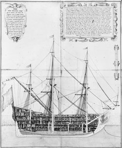 一艘武装和装备的船的纵向横断面，从Atlas de Colbert的例证，板材47 作者 法语学校