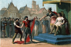 路易一世（Louis 1er dit Le Debonnaire）（814-840）被他的儿子们贬低并剥夺了他的帝王身份。1890年左右的彩色石版画。 作者 法语学校