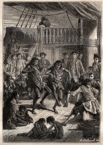 Louis Antoine, Count of Bougainville (1729-1811) received the inhabitants of the Bay Fortescue (Detroit of Magellan) in his boat “” La Boudeuse””” in 1768 - illustration from “The Great Mariners of the 18th century” 作者 法语学校
