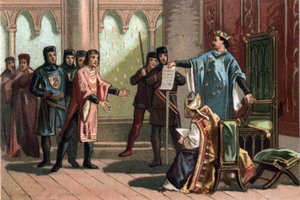 Louis VIII, known as “The Lion” (1187 - 1226), the Capetian dynasty, answered proudly and fiercly to an envoy of the King of England Henry III. Chromolithography around 1890. 作者 法语学校