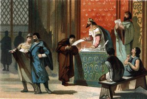 路易六世 dit Le Gros (1081-1137) 给予了公社的邮资章程。1890年左右的彩色平版印刷。 作者 法语学校